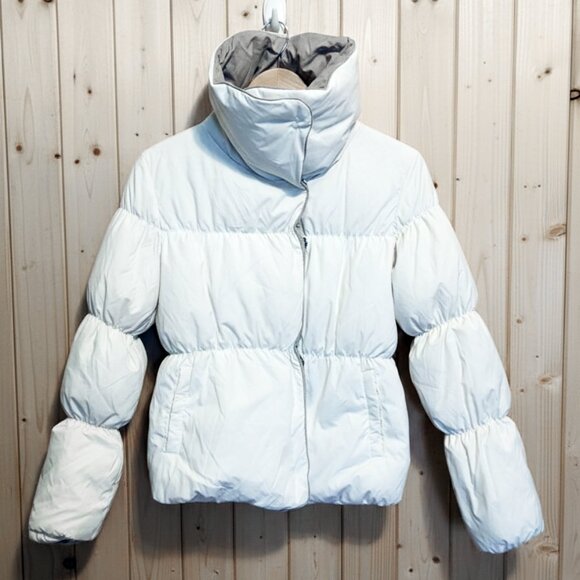 BCBGMAXAZRIA Womens (XXS) Two-Tone Cropped Puffer Jacket Beige Cream Bubble Coat - Picture 2 of 7